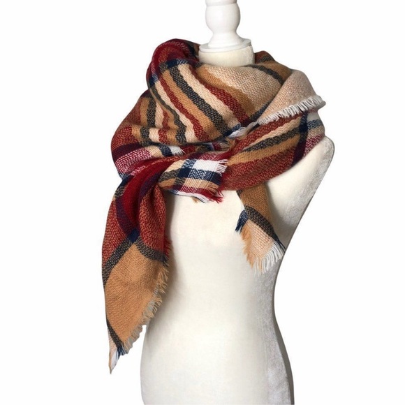 Tartan Plaid Oversized Blanket Scarf in Autumn Colors (Red/Brown/Black/White) - Picture 5 of 6